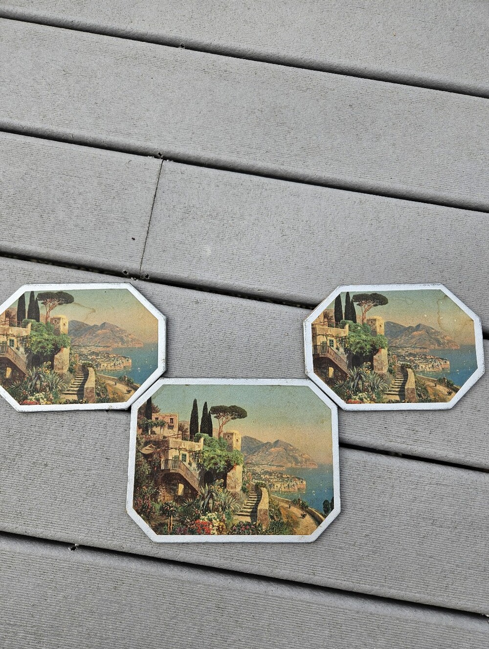 Vintage Octagon Placemats Set of 3 Cork Backed Italian Coastal Village...